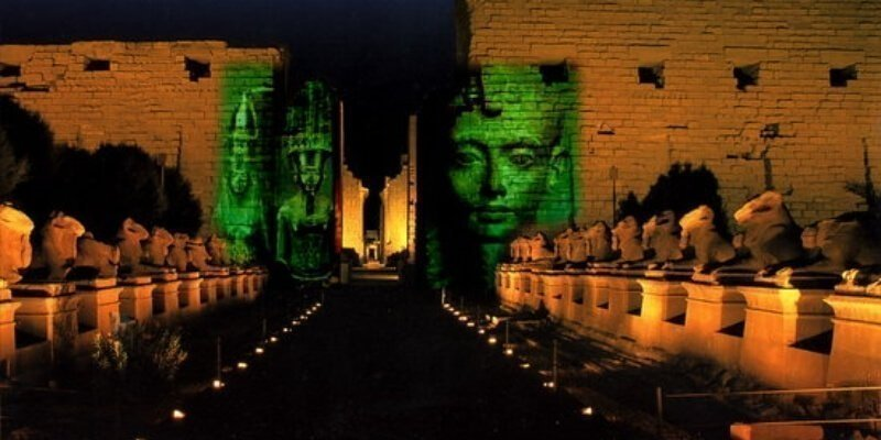 Colorful lights on temple walls