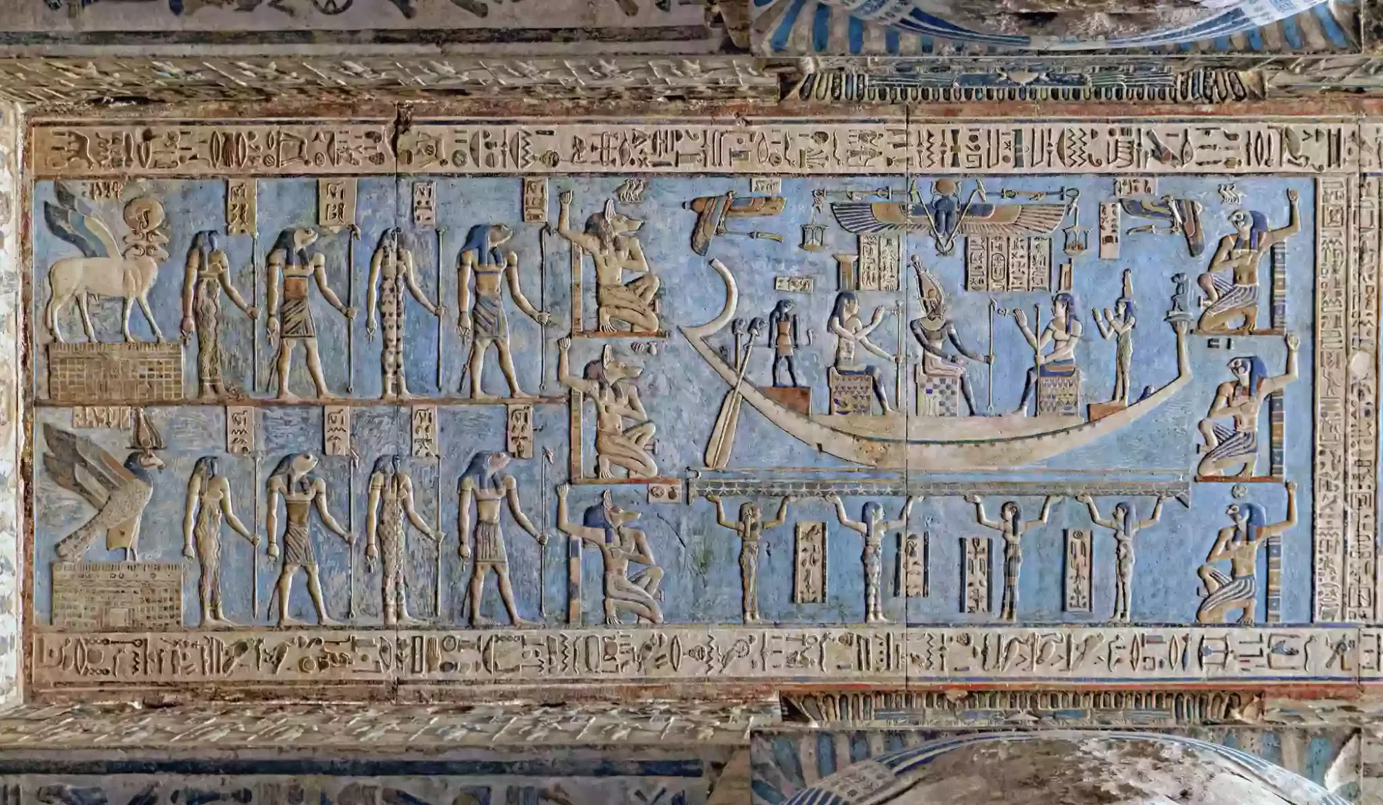 Detailed wall carvings at Dendera
